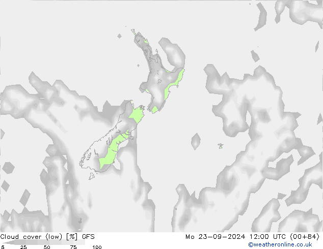 Cloud cover (low) GFS Mo 23.09.2024 12 UTC