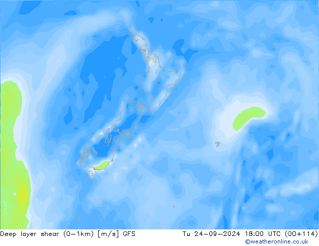 Deep layer shear (0-1km) GFS Sa 24.09.2024 18 UTC