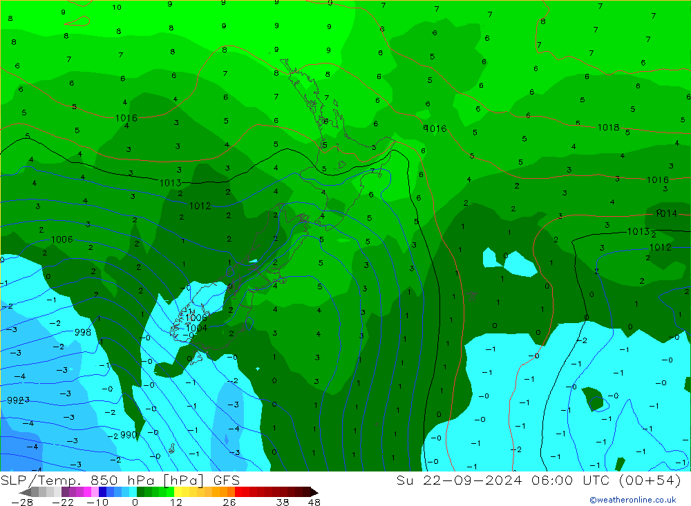 SLP/Temp. 850 hPa GFS nie. 22.09.2024 06 UTC