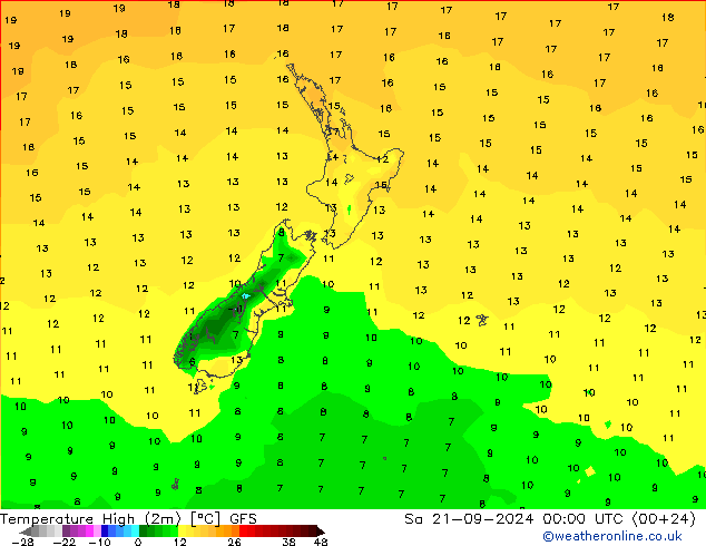 Max. Temperatura (2m) GFS so. 21.09.2024 00 UTC