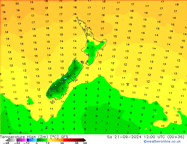 Nejvyšší teplota (2m) GFS So 21.09.2024 12 UTC