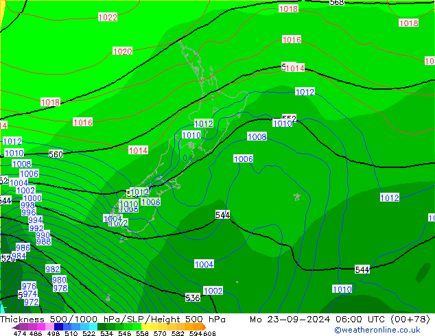 Espesor 500-1000 hPa GFS lun 23.09.2024 06 UTC