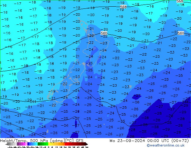 Z500/Rain (+SLP)/Z850 GFS Mo 23.09.2024 00 UTC