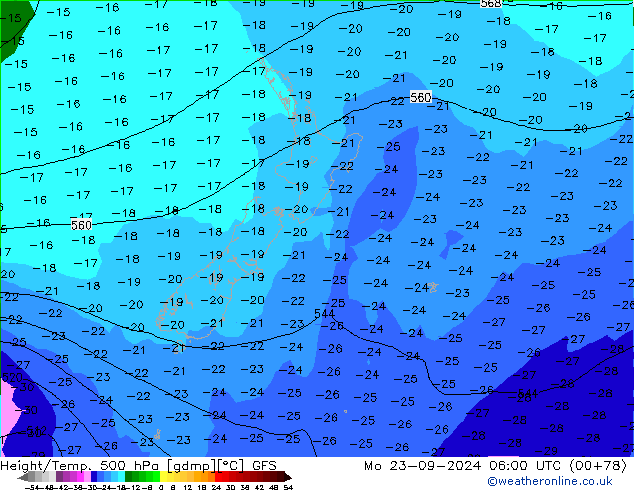 Yükseklik/Sıc. 500 hPa GFS Pzt 23.09.2024 06 UTC