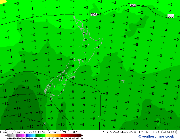 Height/Temp. 700 hPa GFS dom 22.09.2024 12 UTC