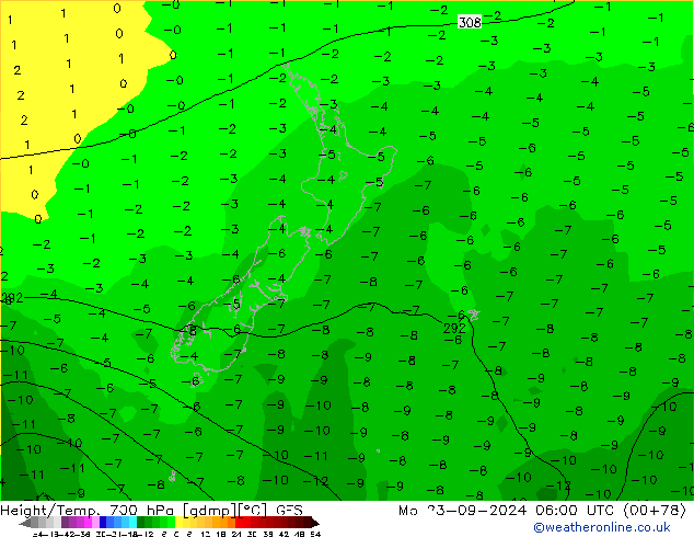 Geop./Temp. 700 hPa GFS lun 23.09.2024 06 UTC