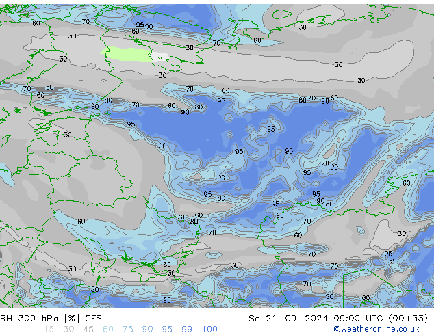 RH 300 hPa GFS Sa 21.09.2024 09 UTC