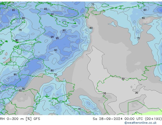 Humidité rel. 0-300 m GFS sam 28.09.2024 00 UTC