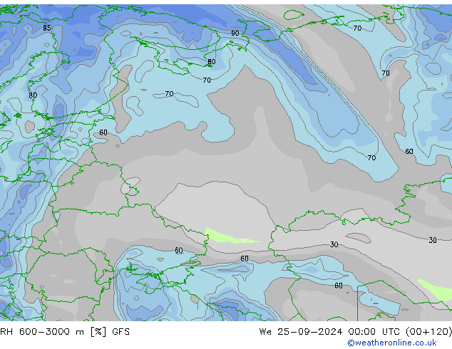 RH 600-3000 m GFS mer 25.09.2024 00 UTC