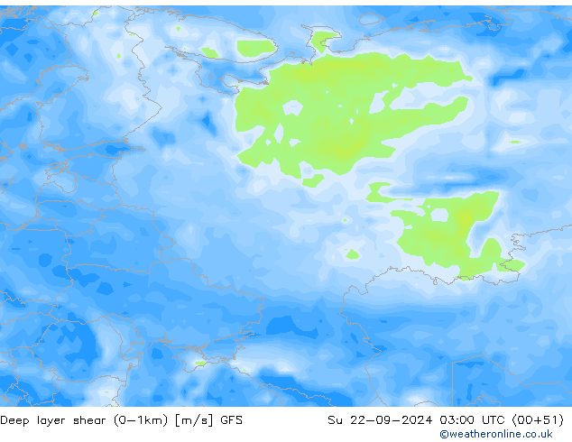 Deep layer shear (0-1km) GFS dim 22.09.2024 03 UTC