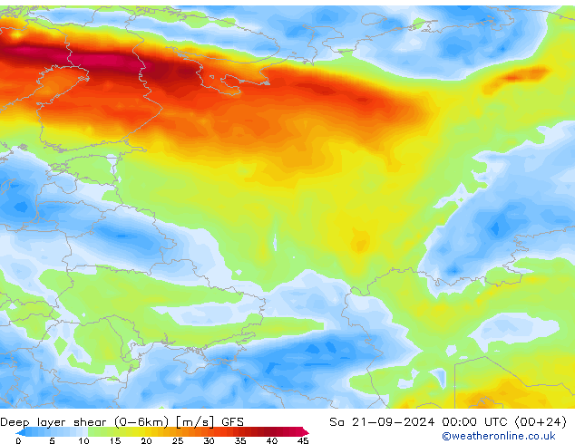 Deep layer shear (0-6km) GFS Sa 21.09.2024 00 UTC