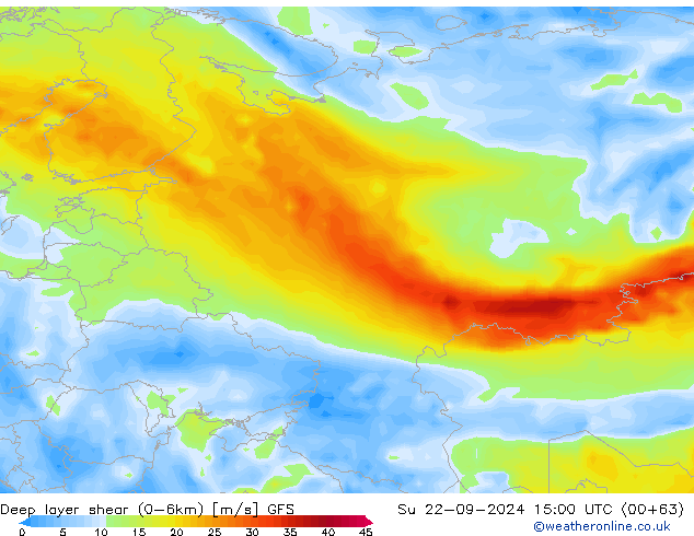 Deep layer shear (0-6km) GFS nie. 22.09.2024 15 UTC