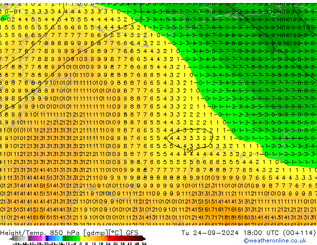 Hoogte/Temp. 850 hPa GFS di 24.09.2024 18 UTC