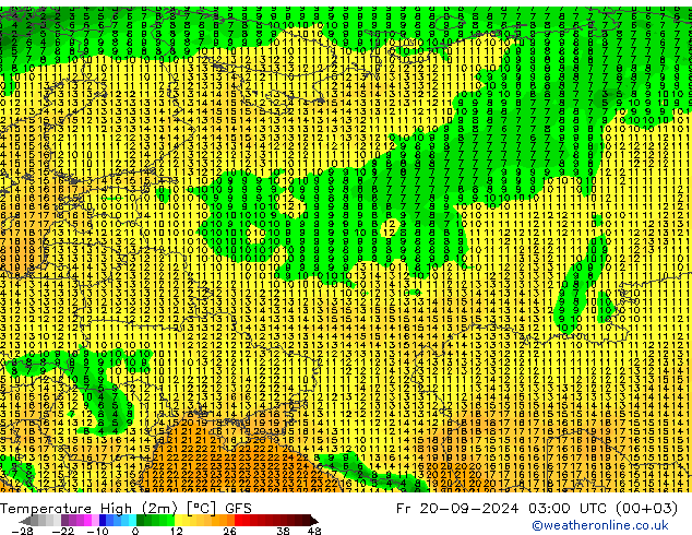 Temperature High (2m) GFS Fr 20.09.2024 03 UTC