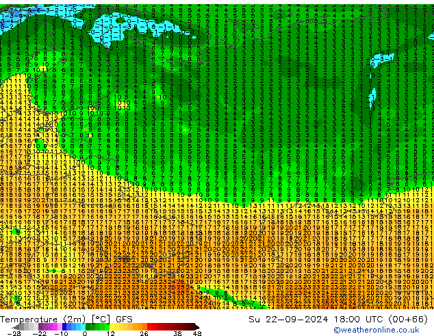 Temperatura (2m) GFS dom 22.09.2024 18 UTC