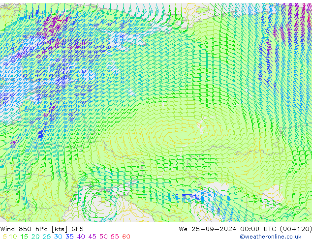 Viento 850 hPa GFS mié 25.09.2024 00 UTC