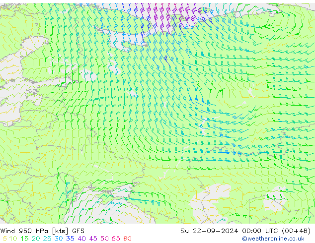 wiatr 950 hPa GFS nie. 22.09.2024 00 UTC