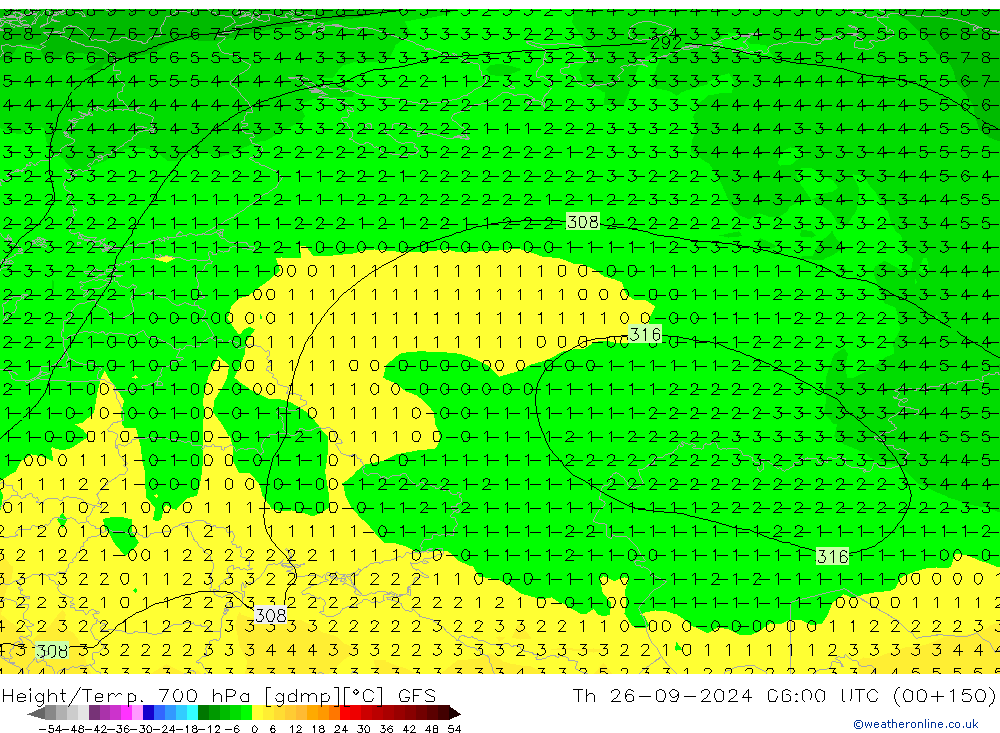 Height/Temp. 700 hPa GFS Th 26.09.2024 06 UTC