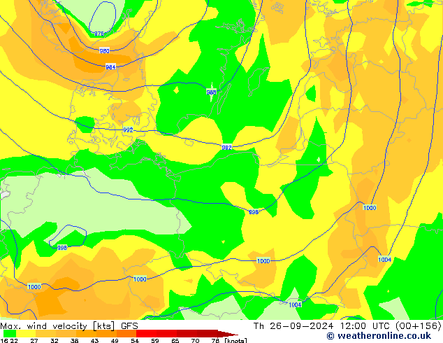 Max. wind velocity GFS Čt 26.09.2024 12 UTC