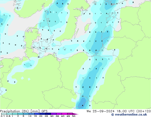 Precipitazione (6h) GFS mer 25.09.2024 00 UTC