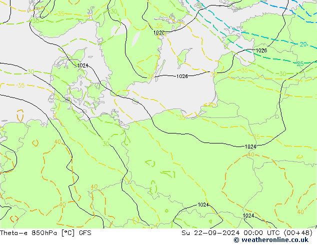 Theta-e 850hPa GFS Su 22.09.2024 00 UTC