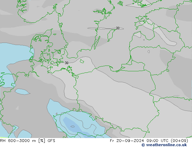 Humedad rel. 600-3000m GFS vie 20.09.2024 09 UTC