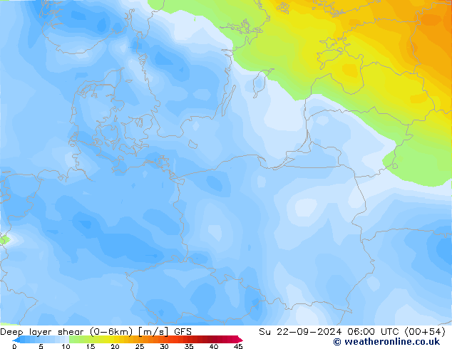 Deep layer shear (0-6km) GFS Ne 22.09.2024 06 UTC