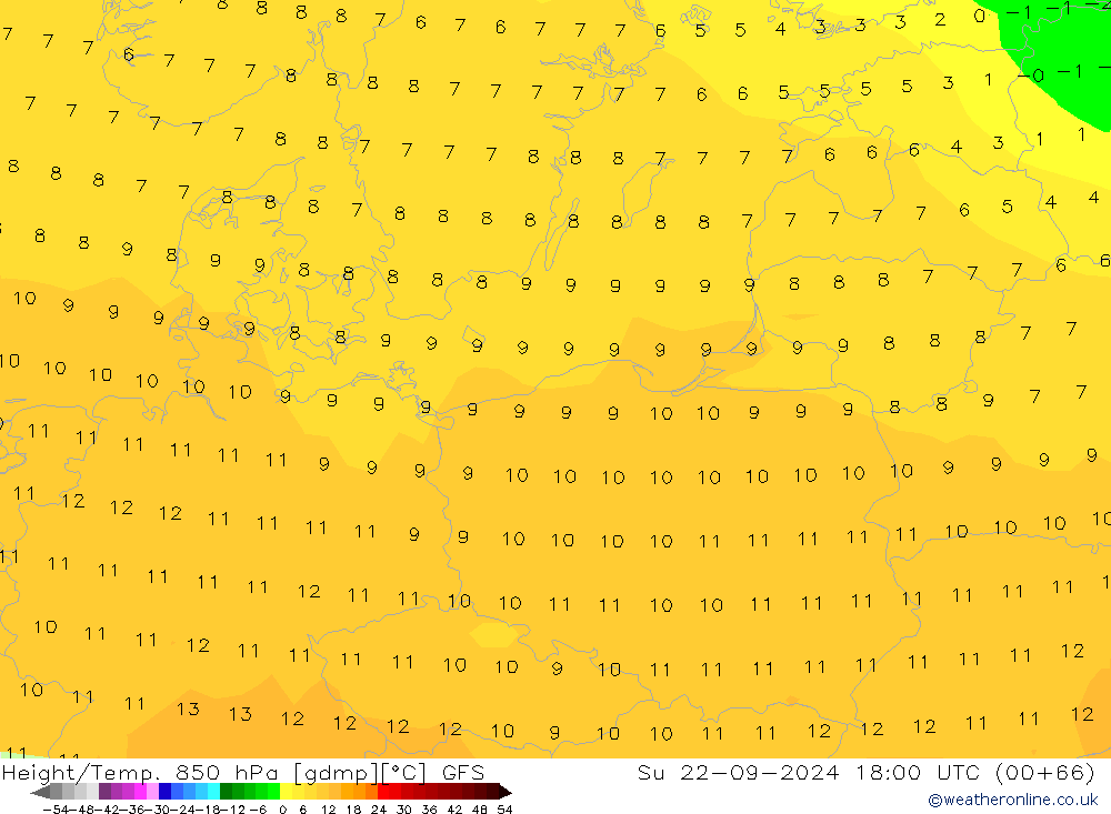 Hoogte/Temp. 850 hPa GFS zo 22.09.2024 18 UTC