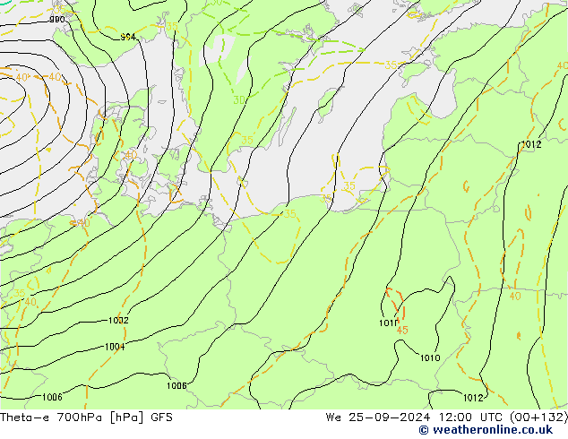 Theta-e 700hPa GFS mer 25.09.2024 12 UTC