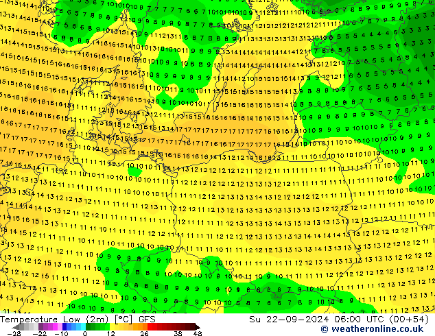 Temperature Low (2m) GFS Su 22.09.2024 06 UTC