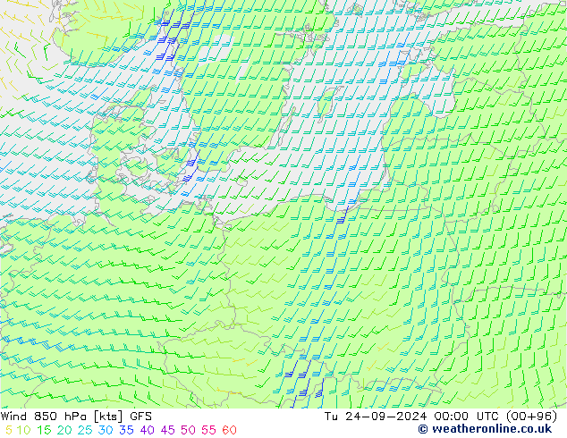 Wind 850 hPa GFS Út 24.09.2024 00 UTC