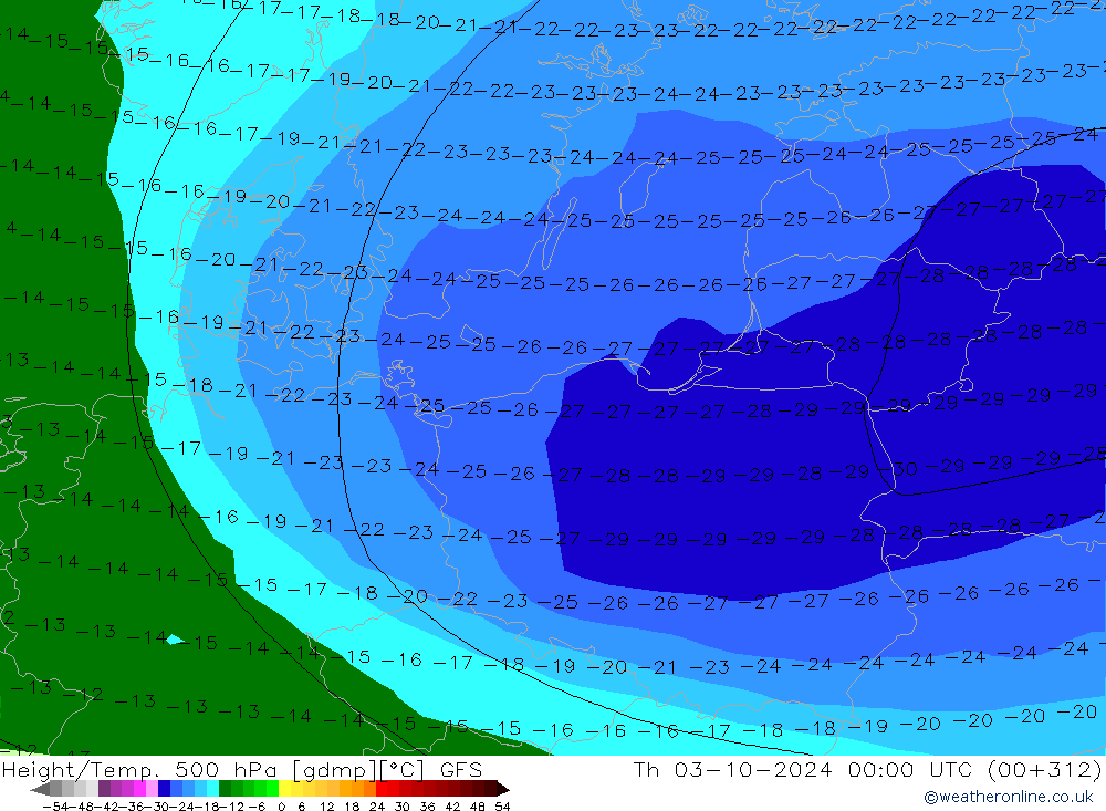 Height/Temp. 500 hPa GFS Čt 03.10.2024 00 UTC