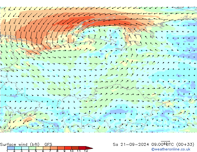 Surface wind (bft) GFS Sa 21.09.2024 09 UTC