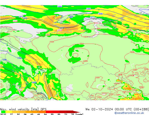 Max. wind snelheid GFS wo 02.10.2024 00 UTC