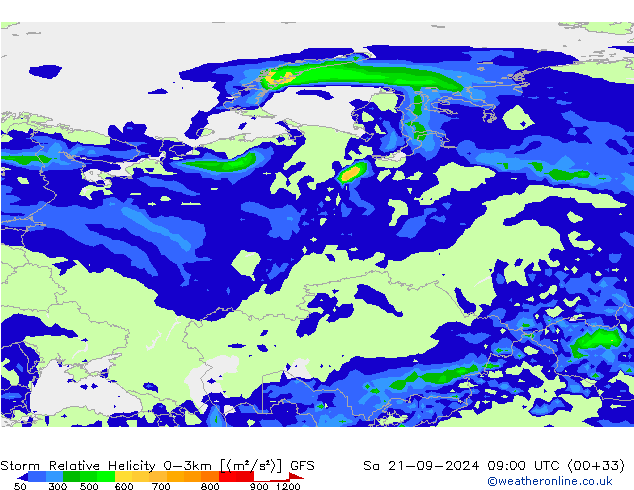 Storm Relative Helicity GFS Sa 21.09.2024 09 UTC