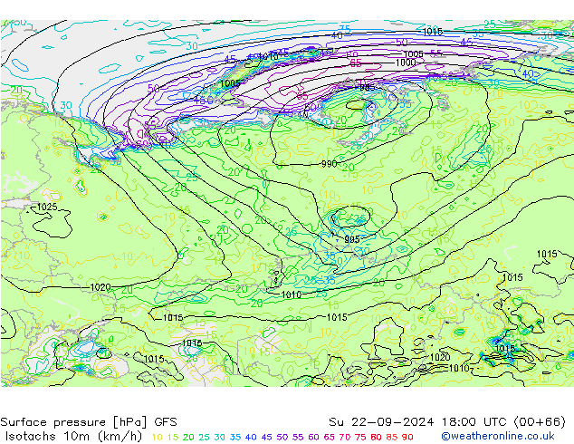 Izotacha (km/godz) GFS nie. 22.09.2024 18 UTC