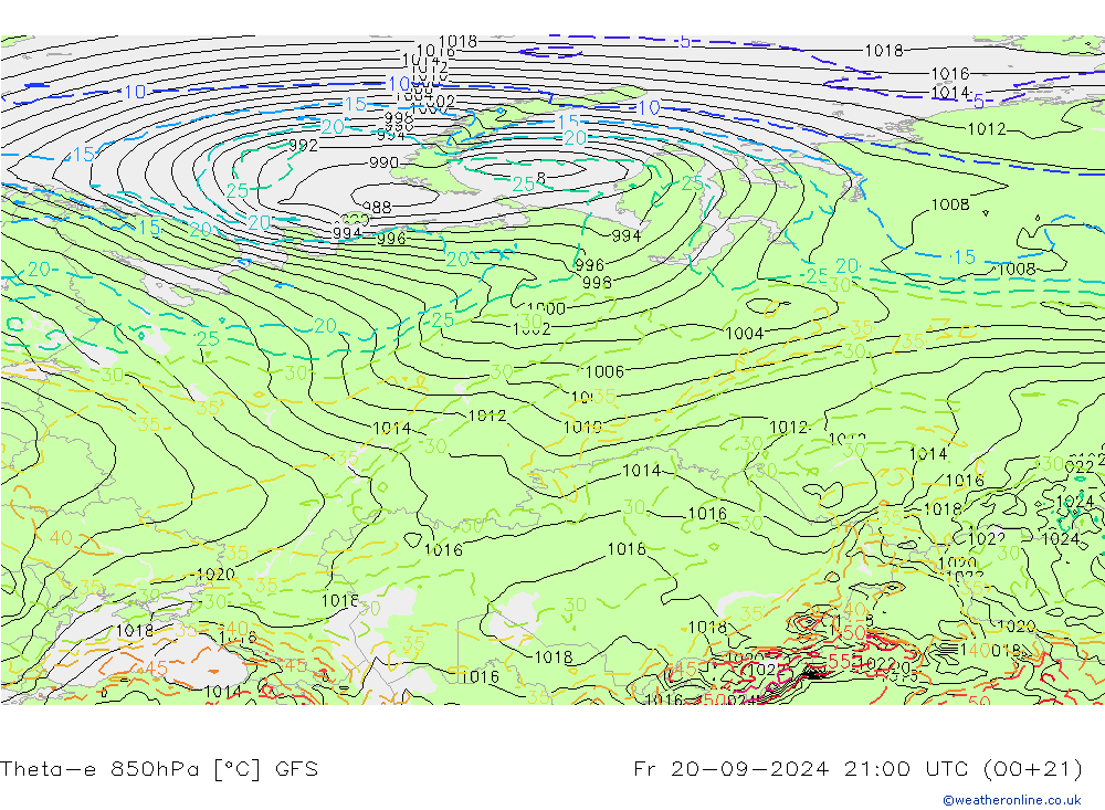 Theta-e 850hPa GFS Fr 20.09.2024 21 UTC