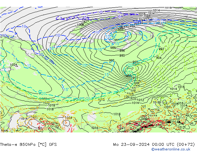 Theta-e 850hPa GFS Po 23.09.2024 00 UTC