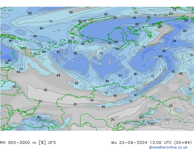 RH 600-3000 m GFS Mo 23.09.2024 12 UTC