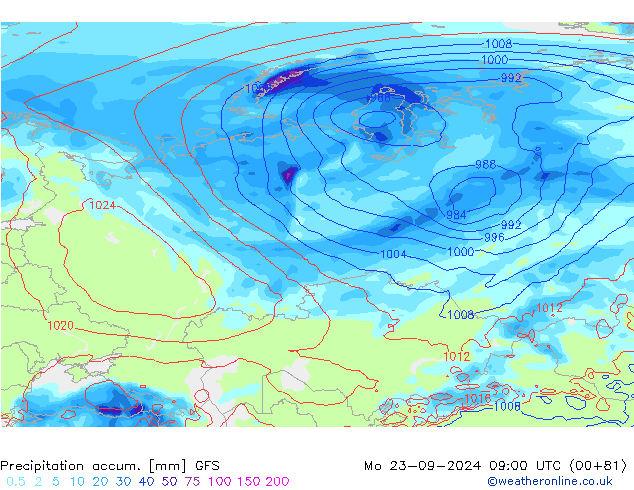 Precipitation accum. GFS Mo 23.09.2024 09 UTC