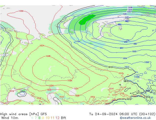 High wind areas GFS Tu 24.09.2024 06 UTC