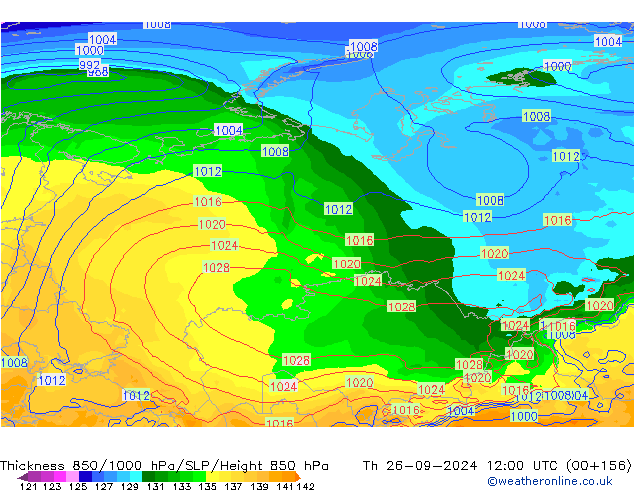 Thck 850-1000 hPa GFS czw. 26.09.2024 12 UTC