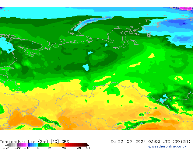 Temperature Low (2m) GFS Su 22.09.2024 03 UTC