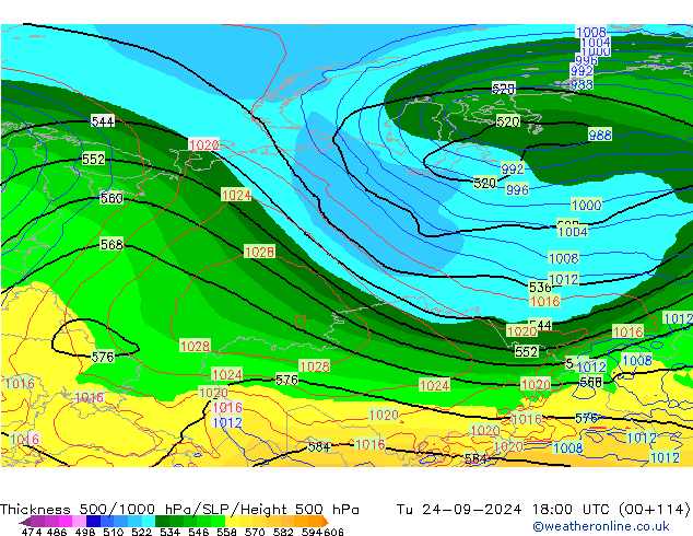 Schichtdicke 500-1000 hPa GFS Di 24.09.2024 18 UTC