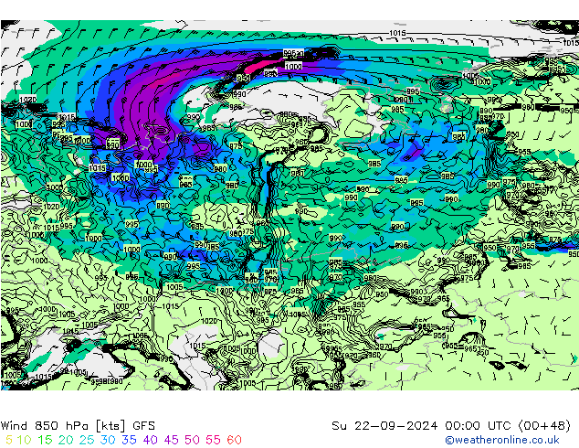 Viento 850 hPa GFS dom 22.09.2024 00 UTC