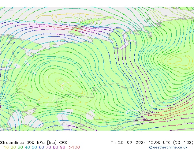 Streamlines 300 hPa GFS Čt 26.09.2024 18 UTC