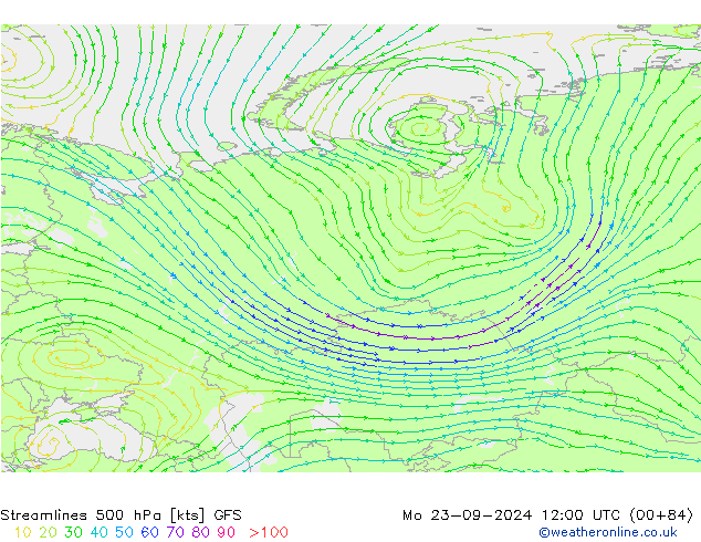 Streamlines 500 hPa GFS Mo 23.09.2024 12 UTC