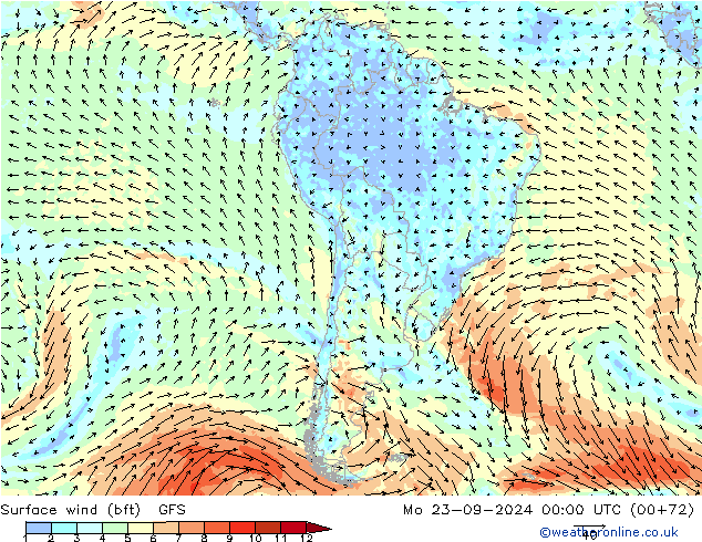 Surface wind (bft) GFS Mo 23.09.2024 00 UTC