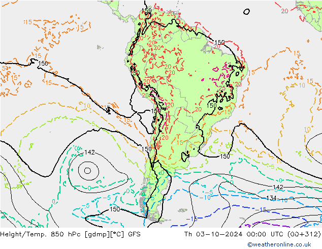 Height/Temp. 850 hPa GFS gio 03.10.2024 00 UTC