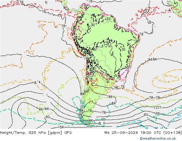 Height/Temp. 925 hPa GFS We 25.09.2024 18 UTC